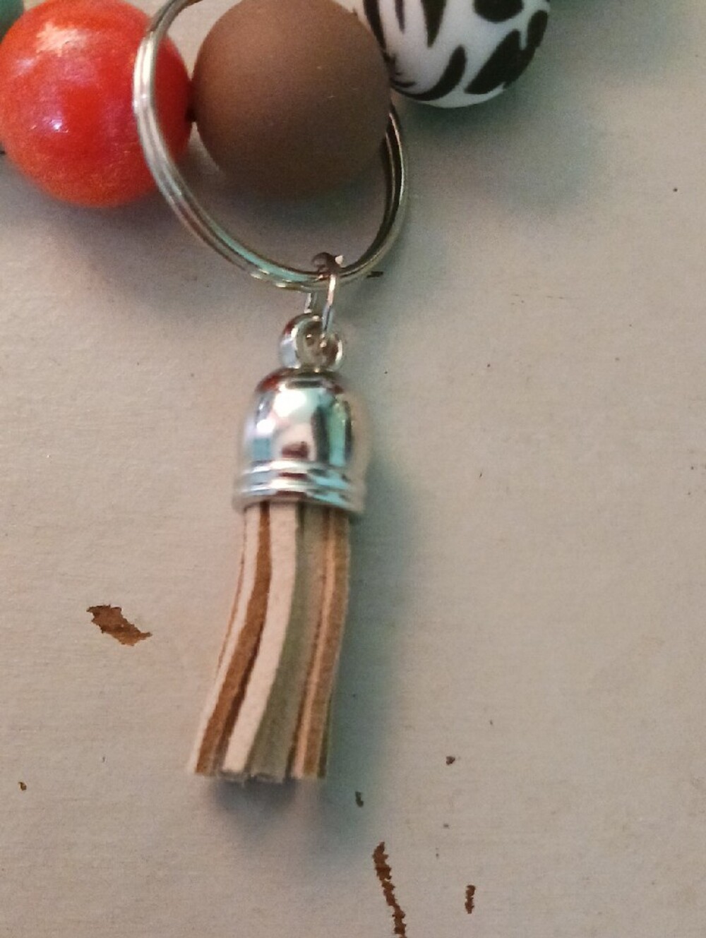 Beaded Tassel Keychain- Turquoise, Coral & Brown - Picture 3 of 4